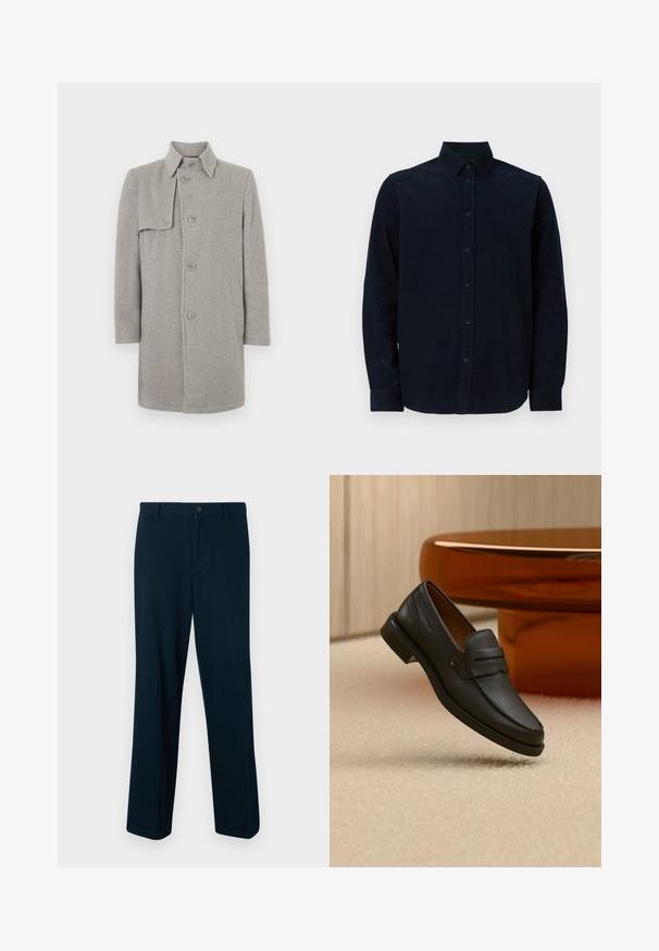Manteau en laine gris mélangé avec un col, fermeture boutonnée et une poche plaquée sur le côté gauche. Manches longues avec une silhouette droite.; Chemise à manches longues bleu marine en tissu texturé, avec un devant boutonné, un col pointu et des poignets boutonnés.; Pantalons bleu marine en tissu lisse, dotés d'une fermeture à bouton, d'une coupe droite et d'un design minimaliste.; Mocassin homme en cuir noir avec une bande sur le dessus, présenté sur un tapis beige près d'une table ronde moderne marron.