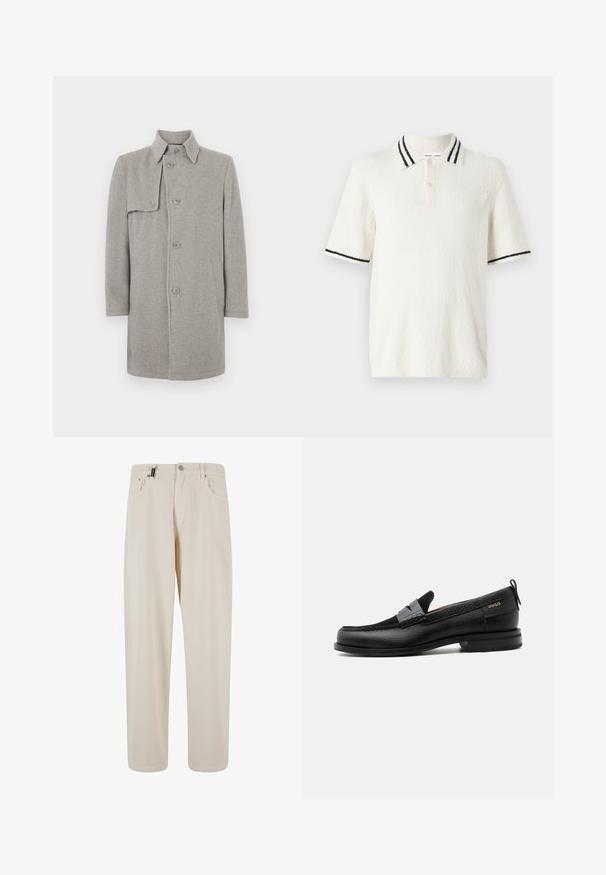 Grijze wolmix jas met een kraag, knoopsluiting en een linker zijzak. Lange mouwen met een rechte snit.; Polo met korte mouwen in off-white met een gestructureerde stof, voorzien van een gebreide kraag met twee zwarte strepen en een knoopsluiting met drie knopen.; Beige katoenen broek met een recht pasvorm, voorzien van voorzakken en een knoopsluiting. Gladde textuur met minimale details.; Zwarte leren loafer met grijs riemdetailelement, lage hak en gestructureerde zool, aan de zijkant gebrandmerkt met "HUGO" in goud.