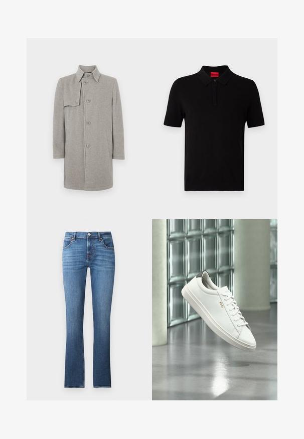 Grijze wolmix jas met een kraag, knoopsluiting en een linker zijzak. Lange mouwen met een rechte snit.; Zwarte poloshirt van gladde katoen. Met een klassieke kraag, korte mouwen en een rood label op de hals. Geen patronen of accenten.; Blauwe denim jeans met een recht uiteinde, voorzien van lichte vervaging, vijf zakken en metalen accenten. De tailleband heeft riemlussen.; Witte leren lage sneaker met veters, zwarte hielstrook en "BOSS"-logo, zwevend binnenshuis bij een glazen stenen muur en gepolijste vloer.