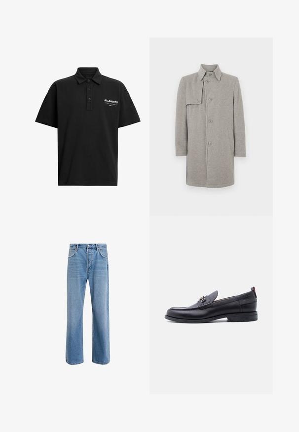 Grå uldblandingsfrakke med krave, knaplukning og en lomme på venstre side. Lange ærmer med en lige silhuet.; Sort polo-shirt lavet af bomuld med klassisk krave, to knapper og et trykt logo i hvidt på venstre brystområde.; Lyseblå denim jeans med lige ben-design, fem lommer, knaplukning, minimal falming og kontraststingdetaljer.; Sort lædermokasin med grå tekstureret forfod, sølvfarvet metalspænde, lav hæl og trækflap bagpå.