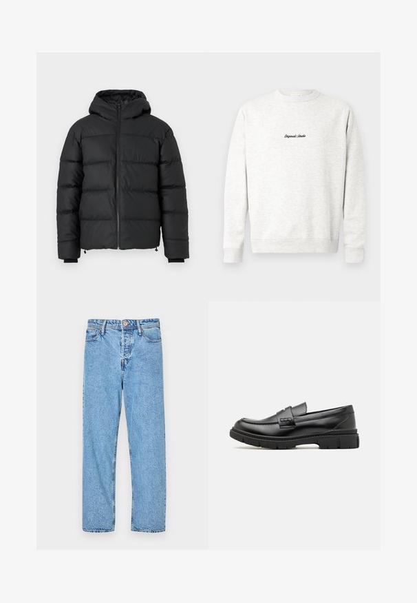 Sort pufferjakke med hætte, med vandret kviltede syninger, en frontlynlås og ribbede mansjetter. Glat, let blankt stof.; Lys grå crewneck sweatshirt lavet af blødt materiale, med et lille sort "Originals Studio" logo på fronten og ribbede manchetter.; Lysblå denim jeans med lige ben design, fem-lomme stil, synlige syninger og knap- samt lynlåslukning.; Sort læder loafersko med en bred rem over forfoden, gummisål med tykke mønstre og glat overflade. Klassisk, slankt design.