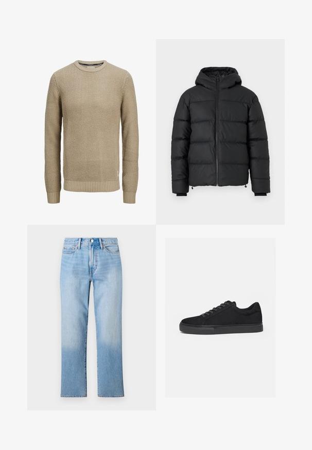Sort pufferjakke med hætte, med vandret kviltede syninger, en frontlynlås og ribbede mansjetter. Glat, let blankt stof.; Beige langærmet strikket sweater med tekstureret vaffelmønster, rund halsudskæring samt ribstrikkede manchetter og kant.; Lys blå denim jeans med lige ben-design, der har en falmet vask, standard fem-lomme styling og en klassisk knaplukning.; Sort lavtop sneaker med snørelukning foran og flad gummisål, vist fra siden på en hvid baggrund.