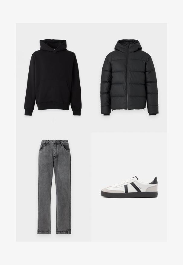 Schwarze Daunenjacke mit Kapuze, ausgestattet mit horizontalen Steppnähten, einem Reißverschluss vorne und gerippten Bündchen. Glattes, leicht glänzendes Material.; Schwarzes Kapuzen-Sweatshirt mit Kängurutasche, langen Ärmeln und gerippten Bündchen sowie Saum, vor hellem Hintergrund präsentiert.; Schwarze Jeans aus Denim mit geradem Schnitt, ausgestattet mit fünf Taschen, einem Knopfverschluss und dezenten Stickdetails an den Nähten.; Weiße Sneaker mit schwarz- und grau-aczenten, ausgestattet mit einer strukturierten grauen Zehenkappe, schwarzer Gummi-Sohle und flachen weißen Schnürsenkeln. Sauberes Design, minimalistische Stil.