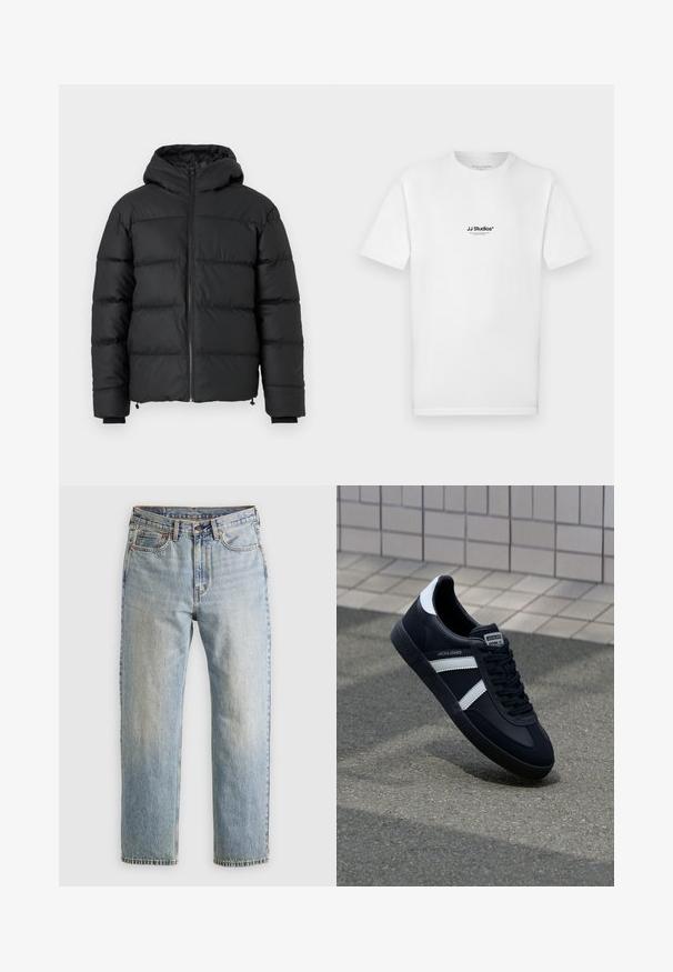 Schwarze Daunenjacke mit Kapuze, ausgestattet mit horizontalen Steppnähten, einem Reißverschluss vorne und gerippten Bündchen. Glattes, leicht glänzendes Material.; Weißes Baumwoll-T-Shirt mit kurzen Ärmeln und rundem Ausschnitt. Verfügt über ein kleines schwarzes "JJ Studios"-Logo auf der Brust.; Helle blaue Jeans mit hoher Taille, Frontknopf, Reißverschluss und fünf Taschen-Design, flach auf einem neutralen Hintergrund ausgelegt.; Schwarze Leder-Sneaker mit weißen Streifen, strukturiertem Gummisohle und Schnürung. Verfügt über ein Markenetikett auf der Zunge.