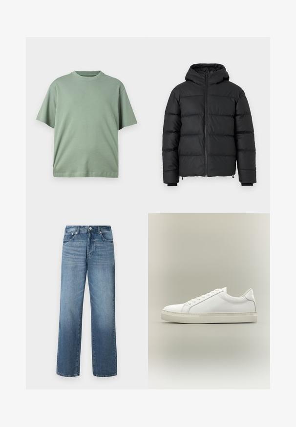Sort pufferjakke med hætte, med vandret kviltede syninger, en frontlynlås og ribbede mansjetter. Glat, let blankt stof.; Lys grøn kortærmet t-shirt med rund udskæring, lavet af blødt stof. Designet har en afslappet pasform og ingen synlige mønstre.; Blå denimjeans med lige ben, med en falmet vask, bælteløkker, fem lommer og en klassisk knaplukning.; Hvid lavtop sneaker med snørebånd foran og tyk sål, vist fra siden mod en neutral baggrund.