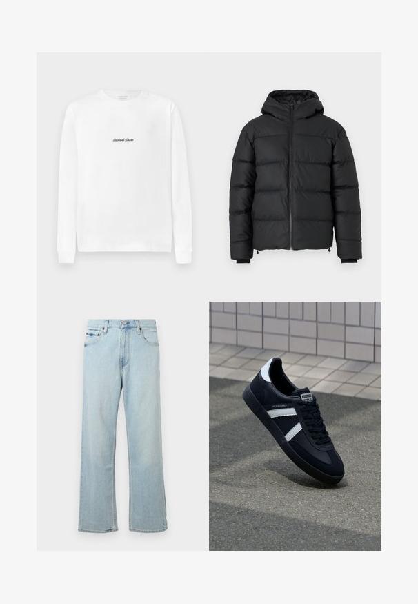 Zwarte pufferjas met een kap, voorzien van horizontale gestikte naden, een ritssluiting aan de voorkant en geribbelde manchetten. Soepele, licht glanzende stof.; Witte longsleeve T-shirt met een klein zwart scriptlogo "Originals Studio" gecentreerd op de borst.; Lichtblauwe denim jeans met een losse, wijde pasvorm. Bevat vijf zakken, riemlussen en een ritssluiting met een knoopsluiting.; Zwarte leren sneaker met witte strepen, een gestructureerde rubberen zool en vetersluiting aan de voorkant. Voorzien van een merklabel op de tong.