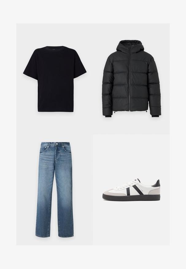 Sort pufferjakke med hætte, med vandret kviltede syninger, en frontlynlås og ribbede mansjetter. Glat, let blankt stof.; Sort kortærmet t-shirt med rund halsudskæring. Fremstillet af blødt stof, med en afslappet pasform og uden synlige mønstre eller detaljer.; Blå denimjeans med lige ben, med en falmet vask, bælteløkker, fem lommer og en klassisk knaplukning.; Hvide sneakers med sorte og grå detaljer, med en tekstureret grå tåhætte, sort gummisål og flade hvide snørebånd. Rent design, minimalistisk stil.