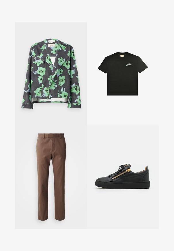 Veste florale avec un fond noir, de grandes fleurs vertes et bleues, un col à revers et des poches avant. Fabriquée en tissu texturé.; T-shirt noir à manches courtes avec un petit motif floral multicolore et un texte sur la partie supérieure gauche de la poitrine, col rond, et une petite étiquette sur la manche.; Pantalons marron avec une coupe ajustée, devant plat et deux poches latérales. Fabriqués dans un tissu lisse avec une finition soignée et sans motifs visibles.; Baskets en cuir noir avec une semelle en caoutchouc noire texturée, dotées d'un détail zippé doré et de lacets noirs. Design minimaliste, coupe basse.