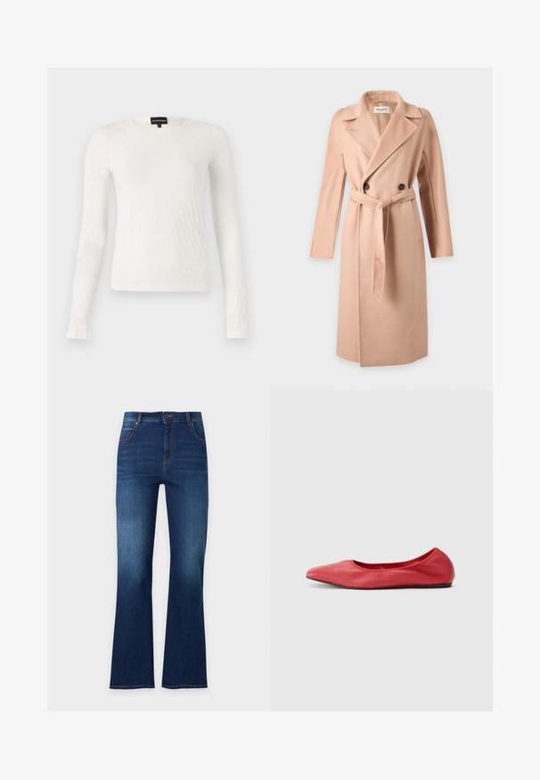 Long manteau en laine beige avec de larges revers, double boutons noirs, et une ceinture en tissu assortie nouée à la taille, présenté sur fond blanc.; Haut à manches longues blanc avec un motif texturé tissé. Encolure ronde et design ajusté. Tissu doux avec un léger éclat.; Jean en denim bleu foncé avec une taille haute, cinq poches, fermeture à boutons et jambes légèrement évasées.; Filippa K REY FLATS - Ballerines - bright red