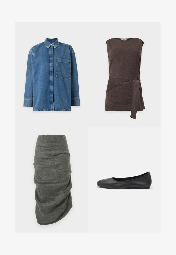 Blauwe denim blouse met lange mouwen, een grote borstzak, knoopsluiting aan de voorkant en klassieke kraag, afgebeeld op een witte achtergrond.; Mouwloze donkerbruine gebreide top met een ronde hals en een detail met zijstrik ter hoogte van de taille tegen een effen achtergrond.; Donkergrijze asymmetrische mohair rok met gerimpelde textuur en een aansluitende tailleband, plat weergegeven op een witte achtergrond.; Zwarte leren ballerina met een ronde neus, gladde textuur, minimale stikdetails en een flexibele zoolontwerp.