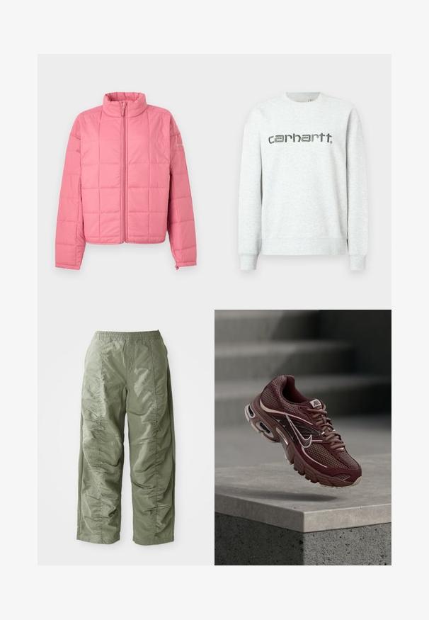 Rosa gesteppte Jacke mit Frontreißverschluss, Stehkragen, langen Ärmeln und dezentem Markenlogo am oberen linken Arm.; Hellgraues Sweatshirt mit Rundhalsausschnitt, gerippten Bündchen und Saum. Mit dem "carhartt."-Logo in Dunkelgrau auf der Vorderseite bedruckt.; Olivgrüne, leichte Hose mit elastischem Bund, die an den Seiten eine geraffte Struktur und einen weiten Beinabschluss aufweist.; Dunkelroter Nike-Laufschuh mit Mesh-Stoff, gepolstertem Kragen, dicker Sohle und weißen Akzenten. Das Design zeichnet sich durch eine abgerundete Zehenpartie und markante Schnürsenkel aus.