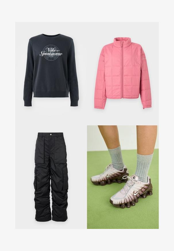Chaqueta acolchada rosa con cremallera frontal, cuello alto, mangas largas y sutil logo de la marca en la parte superior del brazo izquierdo.; Sudadera azul oscura hecha de una tela suave, con cuello redondo, mangas largas y un gráfico del logo "Nike Sportswear" en la parte delantera.; Pantalones cargo negros aislados con una textura suave, que cuentan con múltiples bolsillos, un dobladillo con cremallera y un cierre de botón en la cintura.; Zapatillas Nike en rosa claro y marrón, con un upper texturizado, diseño en capas y suela con amortiguación que incluye unidades de aire visibles.