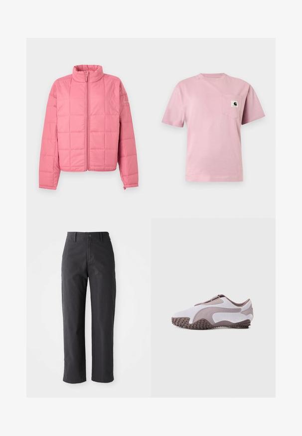 Chaqueta acolchada rosa con cremallera frontal, cuello alto, mangas largas y sutil logo de la marca en la parte superior del brazo izquierdo.; Camiseta de manga corta de color rosa claro con un bolsillo en el pecho izquierdo que lleva un pequeño parche con el logo de Carhartt.; Pantalones de algodón gris oscuro con un diseño de pierna recta, que cuentan con un cierre de botón y bolsillos estándar. Textura suave y detalles mínimos.; Zapato deportivo gris claro con parte superior de ante suave, suela de goma con picos texturizados y diseño flexible. Logo lateral en un tono más oscuro.