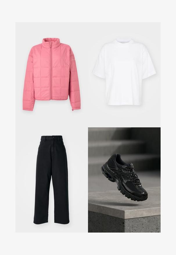 Chaqueta acolchada rosa con cremallera frontal, cuello alto, mangas largas y sutil logo de la marca en la parte superior del brazo izquierdo.; Camiseta de algodón blanca con cuello redondo, mangas cortas y un corte relajado. Presenta un logo sutil en el área del pecho izquierdo. Textura suave.; Jeans anchos de tiro alto en negro, con bolsillos frontales y cierre de botón, exhibidos sobre un fondo blanco liso.; Zapatilla de running negra de Nike con parte superior de malla y sintética flotando sobre una superficie de hormigón y escalones de fondo.