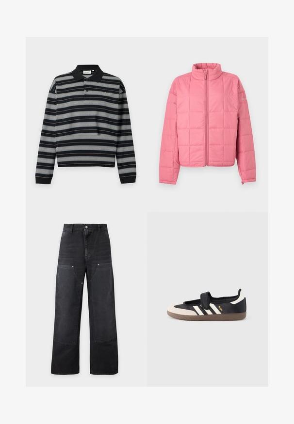 Veste matelassée rose avec fermeture éclair avant, col montant, manches longues et logo de la marque discret sur le haut du bras gauche.; Polo noir à manches longues avec des rayures horizontales blanches et grises, patte à deux boutons et logo brodé sur la poitrine.; Pantalon noir ample avec grandes pièces renforcées à l'avant, passants pour ceinture, fermeture par boutons et poches latérales sur un fond clair uni.; Baskets noires et beiges avec une bride en velcro, trois bandes blanches sur le côté, et une semelle en caoutchouc marron texturée. Logo de la marque visible.