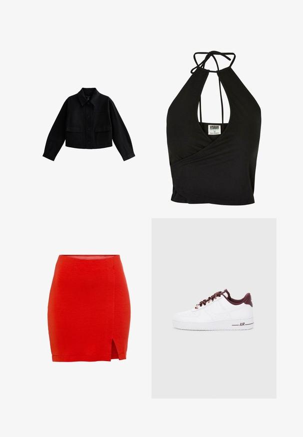 Sort cropped jakke med lange ærmer, knappelukning foran, to store frontlommer med klap og en klassisk krave.; Sort halterneck crop top lavet af blødt materiale, med en dyb V-hals og indviklet design. Knyttes bagpå for en justerbar pasform.; Rød strikket nederdel med en tætsiddende pasform, der har en sideslids og en kant, der sidder lige over midt-lår. Glat tekstur, enkel konstruktion.; Hvide læder sneakers med mørkerøde accenter, der har runde snørebånd, en polstret krave og teksturerede gummisåler. "AIR" trykt på siden.