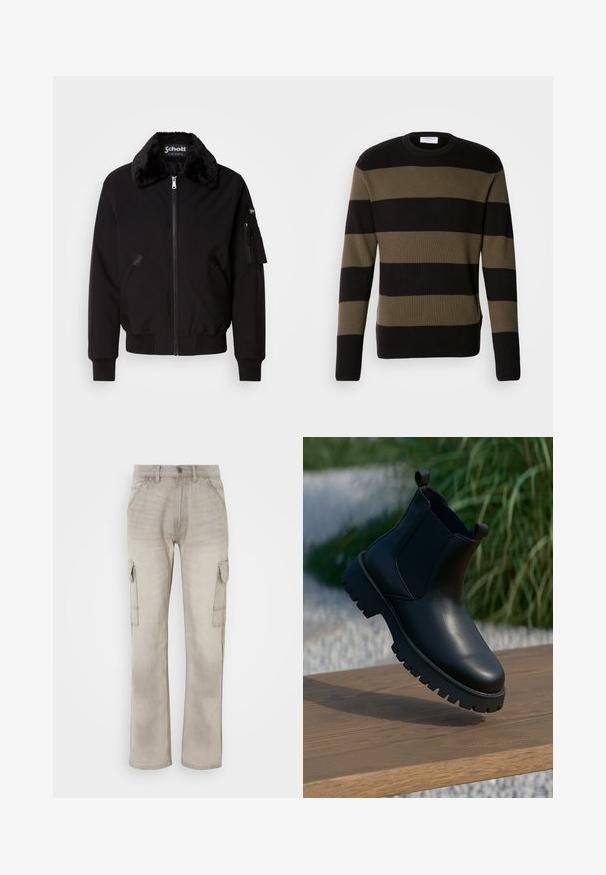Veste bomber noire en tissu doux avec col en fourrure, fermeture éclair sur le devant, poches latérales et poche utilitaire sur la manche.; Lindbergh BLOCK STRIPE - Pullover - olive; Pantalons cargo beiges en denim, dotés de deux poches latérales, d'une coupe droite et de coutures visibles. Fini texturé avec un aspect délavé.; Bottes en cuir noir à la cheville avec panneaux latéraux élastiques, bout rond et semelle épaisse, exposées sur une surface en bois.