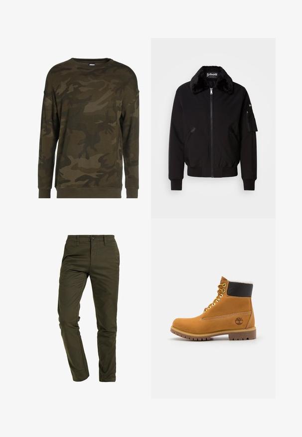 Schwarze Bomberjacke aus weichem Material mit einem Pelzkragen, frontalem Reißverschluss, Seitentaschen und einer Utility-Tasche am Ärmel.; Grüner Camouflage-Pullover mit langen Ärmeln, rundem Halsausschnitt und gerippten Bündchen. Aus weichem Stoff mit verschiedenen grünen und braunen Mustern gefertigt.; Olivgrüne Chinos aus strapazierfähigem Baumwoll-Mix, mit einer schmalen Passform, flachem Bund, standartmäßigen Taschen und einem sicheren Knopfverschluss.; Braune Leder-Ankle-Boots mit Metallösen, weißem Kunstfellfutter, schwarzem gepolstertem Kragen, robustem Sohlenprofil und geprägtem Logo an der Seite.