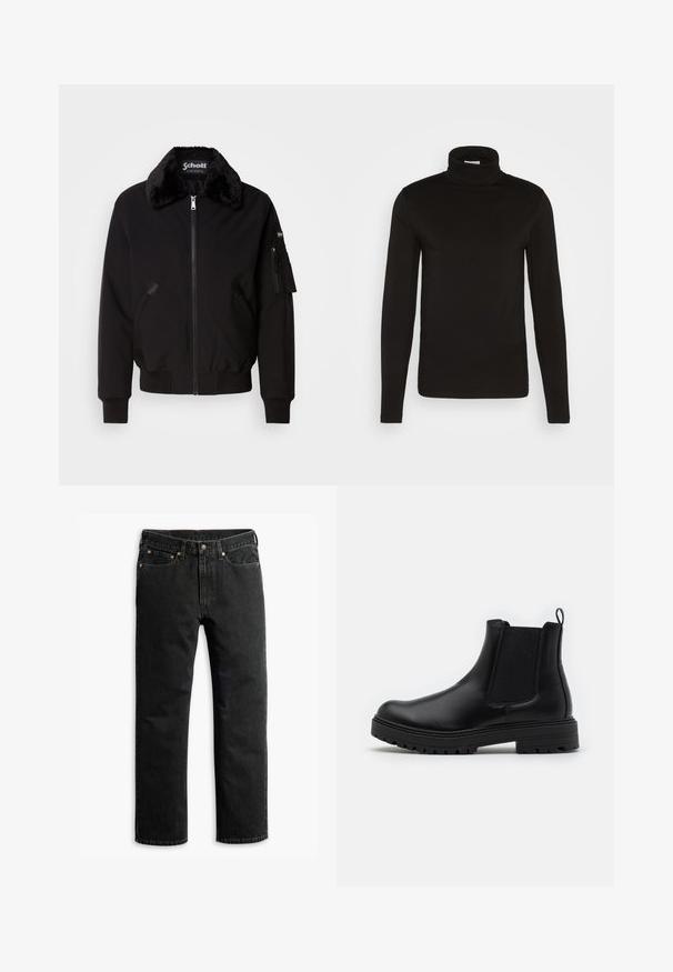 Veste bomber noire en tissu doux avec col en fourrure, fermeture éclair sur le devant, poches latérales et poche utilitaire sur la manche.; Chandail noir à col roulé à manches longues en tissu lisse avec un design ajusté et un col haut et confortable. Aucuns motifs ni accents visibles.; Jean en denim noir à jambe droite avec cinq poches, passants de ceinture et fermeture par bouton à la taille, disposé à plat sur un fond blanc.; Zign LEATHER - Bottines - black