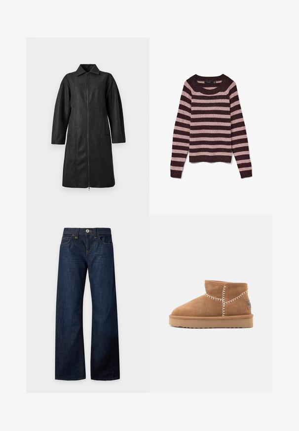 Mørkegrå lang frakke med krave, lange ærmer, lynlås foran og to lodrette lommer på en ensfarvet baggrund.; Vero Moda VMDOFFY O NECK - Striktrøje - winetasting; Mørkeblå jeans med brede ben, knap- og lynlåslukning, for- og baglommer, bæltestropper og kontrastsyninger, lagt fladt på en hvid baggrund.; Brune ruskinds ankelstøvler med rund tå, hvid dekorativ syning og en tan gummisål med et zigzag-mønster.