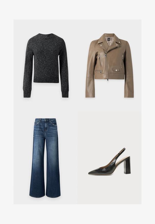 Chaqueta de motorista de cuero marrón con cremallera asimétrica, botones de presión plateados, bolsillos con cremallera y cuello con solapa, mostrada sobre un fondo blanco.; Suéter de punto en gris oscuro jaspeado, con mangas largas, puños de canalé, dobladillo y cuello redondo, presentado sobre un fondo blanco.; Vaqueros de pierna ancha en denim azul oscuro, con cintura alta, diseño de cinco bolsillos y sutiles desvanecidos con una textura suave.; Zapato slingback de piel negra con puntera puntiaguda, tacón alto y ancho, y forro interior beige sobre un fondo claro y liso.