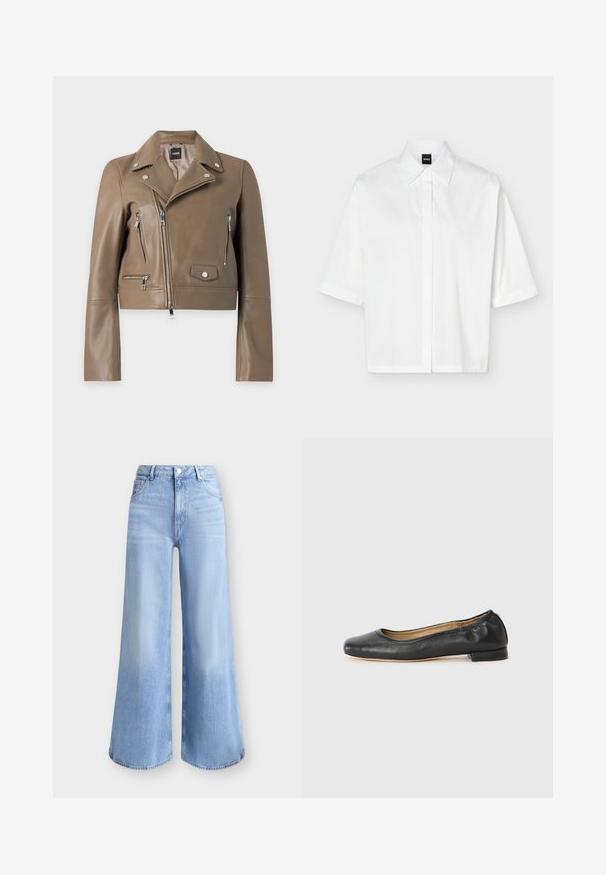 Veste de motard en cuir marron avec fermeture éclair asymétrique, boutons-pression argentés, poches zippées et col à revers, affichée sur fond blanc.; Chemise blanche à manches courtes avec col et patte de boutonnage dissimulée, avec une étiquette de marque noire "BOSS" à l'intérieur du col.; Jean denim bleu clair à coupe large, taille haute, bouton à l'avant, fermeture éclair et design cinq poches.; Ballerines en cuir noir avec un bout arrondi et des coutures minimales. Talon bas et rectangulaire avec une texture lisse. Détails subtils de doublure intérieure.
