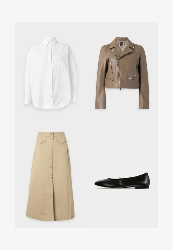 Veste de motard en cuir marron avec fermeture éclair asymétrique, boutons-pression argentés, poches zippées et col à revers, affichée sur fond blanc.; Chemise blanche à boutons avec un col classique, des manches longues et un ourlet arrondi, confectionnée dans un tissu lisse sans motifs visibles.; Jupe beige taille haute de coupe trapèze avec fermeture à boutons sur le devant et deux poches à rabat à l'avant, avec passants pour ceinture à la taille.; Chaussure plate en cuir noir avec une petite chaîne dorée et un détail barre sur le dessus, bout arrondi et talon bas.