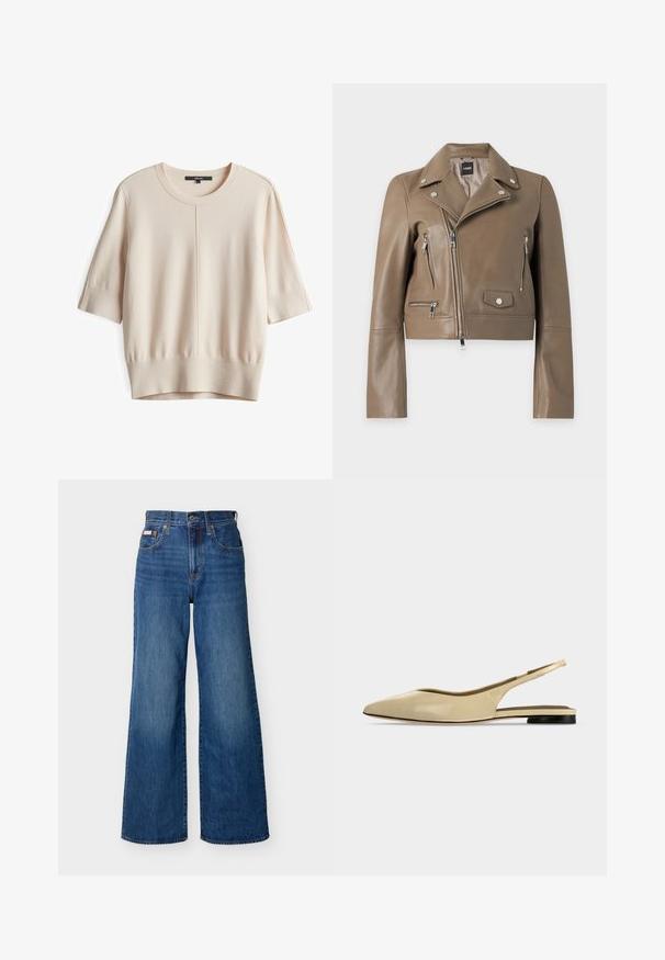 Bruine leren motorjas met asymmetrische rits, zilverkleurige drukknopen, ritszakken en reverskraag, afgebeeld op een witte achtergrond.; Lichtbeige korte mouwen sweater met een ronde hals, ribgebreide manchetten en tailleband; heeft een gladde, gestructureerde brei en centrale naaddetails.; Blauwe wijde denim jeans met hoge taille, knopen aan de voorkant, rits en vijfzakkenontwerp tegen een effen achtergrond.; Beige platte slingback schoen met puntige neus, lage zwarte hak en een glad leren afwerking, zijaanzicht op een effen achtergrond.