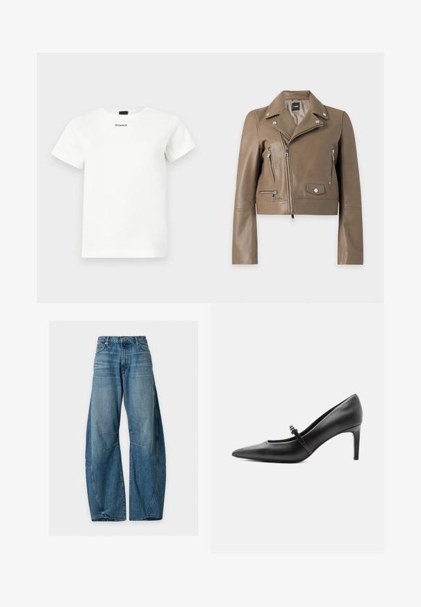 Veste de motard en cuir marron avec fermeture éclair asymétrique, boutons-pression argentés, poches zippées et col à revers, affichée sur fond blanc.; T-shirt blanc à manches courtes avec col rond, design minimaliste, et logo "PINKO" centré sous l'encolure.; Jean en denim bleu à jambes larges avec bouton sur le devant, poches et détails de coutures visibles sur les jambes, sur un fond clair uni.; Escarpin noir en cuir à bout pointu avec une fine bride et une boucle sur le cou-de-pied, posé sur un fond clair neutre.