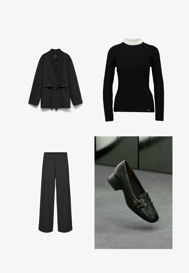 Manteau portefeuille noir à manches longues avec ceinture à nouer à la taille, présenté de face sur fond blanc.; Haut noir à manches longues côtelé avec un col en dentelle blanc, affichant une silhouette ajustée et une texture douce. Logo subtil à l'ourlet.; Pantalons larges noirs à rayures verticales blanches, présentant une coupe ajustée et une texture lisse. Pas de poches ni de matériel visible.; Mocassins en cuir noir avec un petit talon carré et des accents de boucle en ton doré. Présentent une forme ronde à l'avant et une surface texturée.