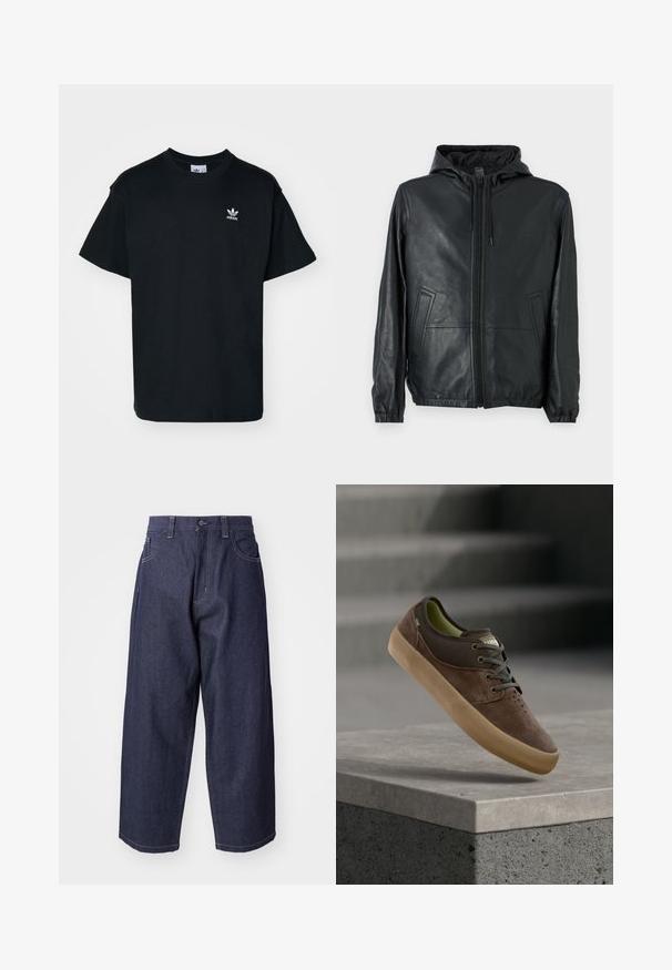 COACH REVERSIBLE TRAINER - Nahkjakk - black/charcoal; Must musta T-särk lühikeste varrukatega ja ümmarguse kaelusega, mille vasakul rinnal on väike valge Adidas logo.; Tumedat sinised teksad laia ja mahuka lõikega. Omadusteks on nööbiga kinnitamine, ees olevad taskud ja nähtavad õmblused.; Pruun seemisnahast ja lõuendist vabaajajalanõu beežika kummipõhjaga, paeltega ja augulise varbaosaga, asetatud betoonserva kohale.