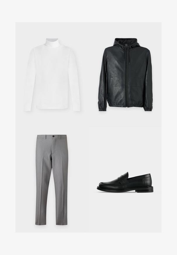 COACH REVERSIBLE TRAINER - Leren jas - black/charcoal; Wit shirt met lange mouwen en coltrui met een getailleerde pasvorm, weergegeven tegen een effen lichtgrijze achtergrond.; Grijze slim-fit pantalon met vooraan knoop en ritssluiting, riemlussen en gestreken plooien over de lengte van de pijpen.; Zwarte leren heren penny loafer met lage gestapelde hak en afgeronde neus, zijaanzicht op lichte grijze achtergrond.
