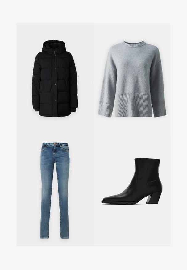 Doudoune noire avec capuche, présentant un design matelassé, des boutons-pression et deux poches latérales. Fabriquée dans un matériau lisse et isolant.; Pull gris avec col rond, doté d'un ourlet et de poignets côtelés texturés, fabriqué en tissu doux avec une finition lisse.; Jeans skinny en denim bleu clair, avec une fermeture à bouton, cinq poches, un léger délavage et un design classique.; Bottine en cuir noir avec un bout pointu, une silhouette élégante et un talon carré massif. Texture lisse avec des détails de couture minimalistes.