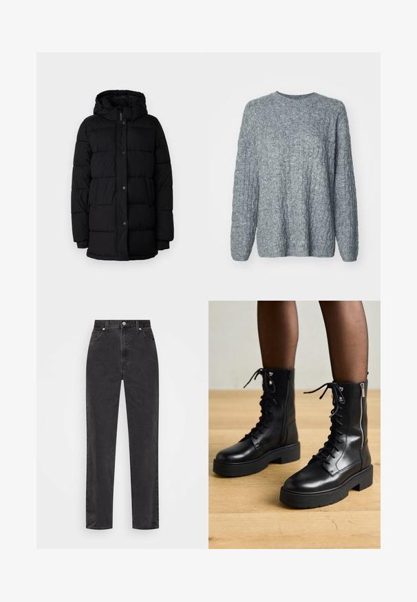 Schwarze Weste mit Kapuze, mit einem gesteppten Design, Druckknöpfen und zwei seitlichen Taschen. Hergestellt aus einem glatten, isolierenden Material.; Grauer Strickpullover mit strukturiertem, geripptem Design. Rundhalsausschnitt und lange Ärmel. Hergestellt aus einem weichen, mittelschweren Material.; Schwarze Denim-Jeans mit geradem Bein, hoher Taille, vorderem Knopf und Reißverschluss sowie fünf Taschen auf weißem Hintergrund.; Schwarze Leder Schnürstiefel mit robusten Sohlen, seitlichem Reißverschluss und Metallösen. Glatte Oberfläche mit unterschiedlicher Textur am Schaft.