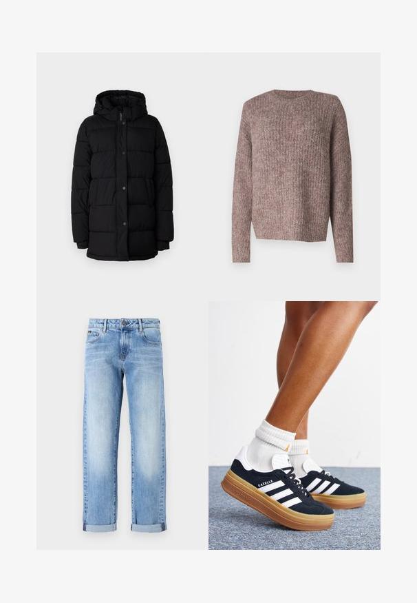 Sort puffjakke med hætte, udstyret med et quiltet design, trykknapper og to sidelommer. Fremstillet af et glat, isoleret materiale.; Brun, ribbet strikket sweater med lange ærmer og rund hals. Løs pasform og blød tekstur, egnet til afslappet brug.; Lyseblå denimjeans med opsmøgede ben, frontknap og lynlås, samt klassisk femlommesdesign på en hvid baggrund.; Ben iført hvide sokker og sorte Adidas Gazelle sneakers med hvide striber og tykke brune såler på et gråt tæppe.