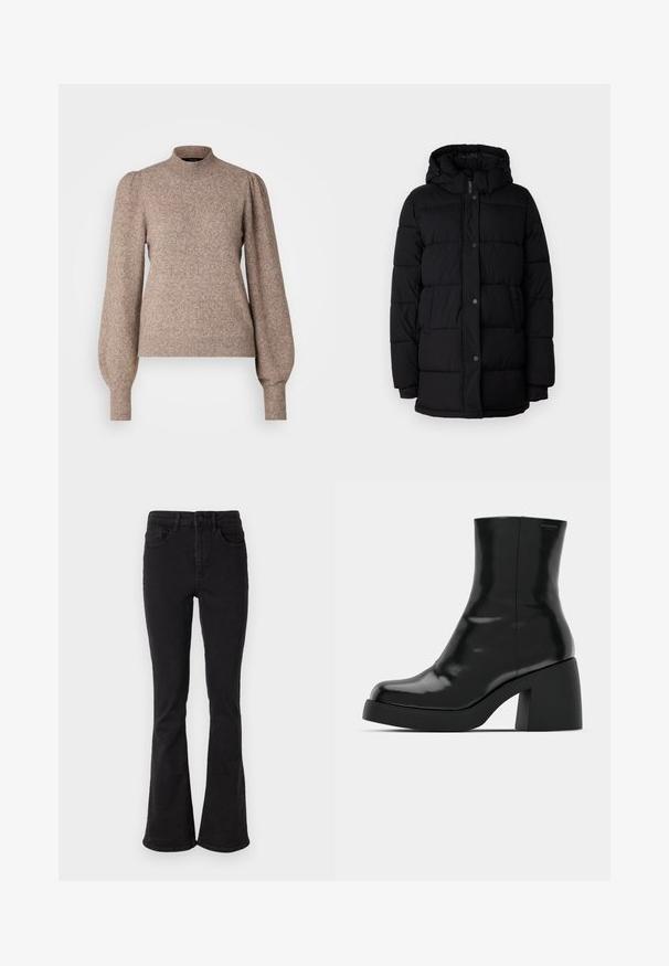 Sort puffjakke med hætte, udstyret med et quiltet design, trykknapper og to sidelommer. Fremstillet af et glat, isoleret materiale.; Strikpullover i lysebrun, med høj hals, puffede lange ærmer og ribbestrikkede mansjetter og kant. Blødt, tekstureret stof.; Sorte denim flare jeans med høj talje, der har fem lommer og en robust knaplukning. Glat tekstur med let stræk.; Sorte ankelstøvler med en blank finish, firkantet tå og en tyk blokhæl. Designet har en strømlinet silhuet og minimal branding.