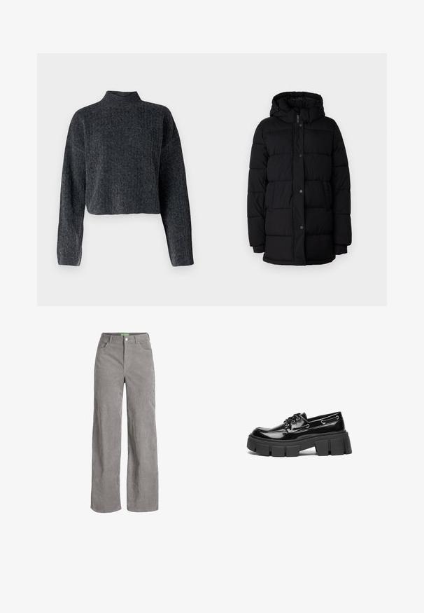 Sort puffjakke med hætte, udstyret med et quiltet design, trykknapper og to sidelommer. Fremstillet af et glat, isoleret materiale.; Afskåret, mørkegrå sweater med høj hals og lange ærmer. Fremstillet af tekstureret strikket stof med diskrete mønstre gennem hele. ; Grå fløjl bredbenede bukser med knaplukning og bæltestropper. Har to sidelommer og et blødt, tekstureret stof.; Sort laker i patenteret læder med en kraftig sort platformsål og dekorative øjer. Glat tekstur med rund tå og snøredetalje.
