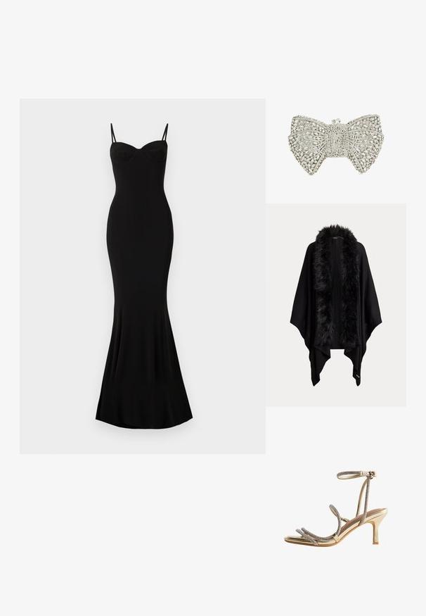 Capa negra con abertura frontal, mangas anchas y un grueso y esponjoso ribete de cuello de pelo sintético.; Vestido negro ajustado con tirantes finos y escote en forma de corazón; textura suave, dobladillo acampanado y sin patrones ni adornos visibles.; Sandalia dorada de tacón alto con tiras finas adornadas con rhinestones alrededor de los dedos y el tobillo, y un pequeño cierre de hebilla.; Bolso de mano plateado en forma de lazo, cubierto con adornos de cristales transparentes sobre un fondo blanco.