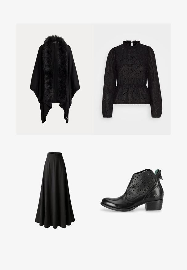 Čierny otvorený plášť s širokými rukávmi a hrubou, huňatou lemovkou z umelej kožušiny na golieri.; Pieces PCJANESSA - Top s dlhým rukávom - black; Dlhá čierna sukňa s vysokým pásom a širokým rozšíreným lemom z hladkej látky, zobrazená na bielom pozadí.; Čierna kožená členková čižma s vyrezávaným kvetinovým vzorom, okrúhlou špičkou, krátkym blokovým podpätkom a zelenou podšívkou, so zipsom na boku pre uzatvorenie.