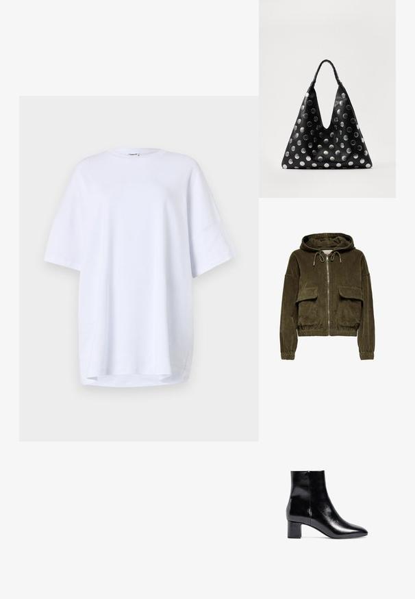Kord-zip Hoodie in Olivgrün mit Kapuze, zwei Fronttaschen, elastischen Bündchen und Saum. Weicher Stoff mit gestreiftem Muster.; Oversized, kurzärmliges weißes T-Shirt aus Baumwolle. Runder Halsausschnitt, Seitenschlitze am Saum und glatte Textur ohne sichtbare Muster oder Akzente.; Schwarzer Knöchelstiefel aus glänzendem Leder, mit spitzer Zehe und Blockabsatz. Das Design ist schlank mit minimalen Nähten und Akzenten.; Schwarze Ledertasche mit dreieckiger Form, ausgestattet mit silbernen metallischen Punkten und einem strukturierten Griff. Insgesamt glatte Oberfläche.