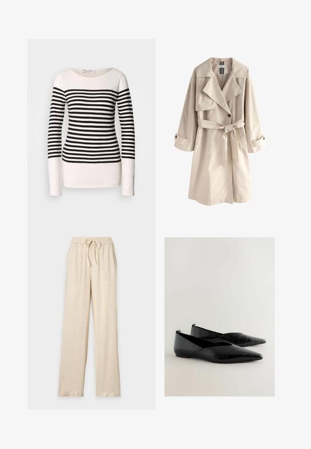 Gabardina beige hasta la rodilla con cuello de solapa, botón único, cinturón de tela atado a la cintura y tiras de las mangas con botones.; Camiseta de manga larga a rayas con rayas horizontales en blanco y negro, diseño de cuello barco y silueta ajustada. Material de mezcla de algodón.; Pantalones anchos beige con cintura elástica y cordón, hechos de una tela ligera y texturizada.; Bailarinas planas de imitación de cuero negro con textura de cocodrilo, que cuentan con un tacón bajo y un diseño cortado en la parte superior.