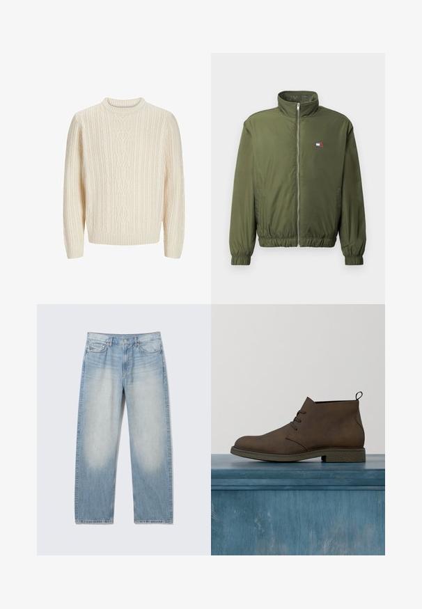Veste bomber vert olive avec un col haut, fermeture éclair sur le devant, poignets et taille élastiques. Présente un petit patch logo sur la poitrine.; Pull en tricot couleur crème présentant un motif de côtes texturé, un col rond, et des poignets et un ourlet à côtes. Tissu doux et épais.; Jean droit en denim bleu clair avec cuisses avant délavées, style cinq poches, fermeture par boutons et passants pour ceinture.; Chaussure en cuir synthétique marron avec un bout arrondi, des lacets et une semelle en caoutchouc texturée. Elle est dotée d'une languette à l'arrière pour une mise en place facile.