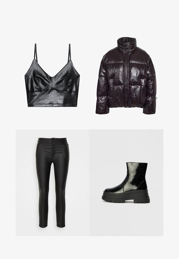 Doudoune en matière noire brillante avec un col montant, dotée de grandes poches plaquées et d'un ourlet resserré pour une coupe structurée.; Bralette noire et brillante avec des fines bretelles réglables, présentant un décolleté en V, une texture lisse et un léger plissé au niveau de la poitrine pour la forme.; ONLY Petite ONLROYAL COATED BUTTON PANT - Pantalon classique - black; Bottines noires brillantes avec semelle lugg épaisse et bout rond, vue de côté sur un fond gris clair uni.