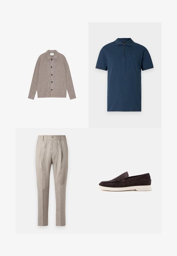 NN.07 ZANDER - Kevyt takki - desert khaki; Laivastonsininen lyhythihainen poolopaita, jossa on kaulus ja edessä vetoketju. Vasemmassa rinnassa pieni kohokuvioitu logo.; Beige-harmaat housut, joissa on sileä pinta, nappikiinnitys, joustava vyötärö ja kaksi etutaskua. Suora lahkeiden muotoilu.; Tummanruskea mokkanahkainen slip-on-mokkasiini, jossa on valkoinen kumipohja, ommellut yksityiskohdat ja matala korko, esitetty sivulta valkoista taustaa vasten.