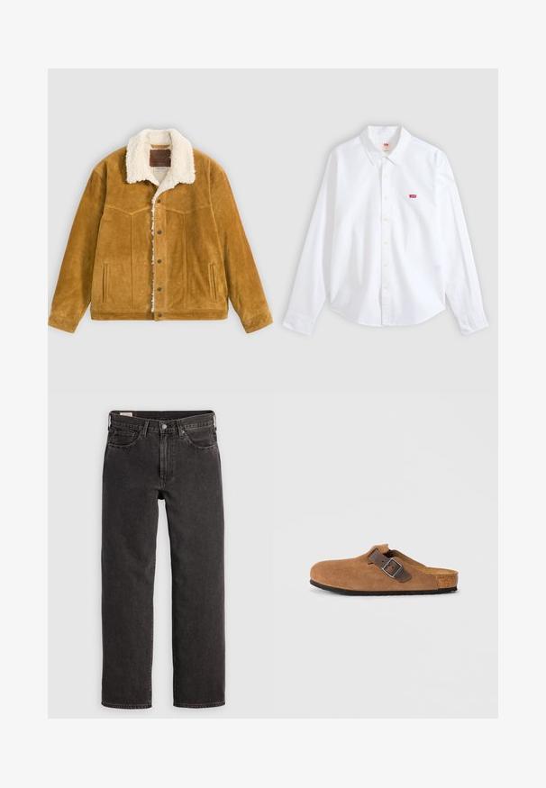 Lichtbruine suède jas met witte sherpa voering en kraag, knoopsluiting aan de voorkant, twee zijzakken en een gestikt decoratief patroon op de borst.; Witte blouse met lange mouwen, knoopsluiting en kraag, met klein rood Levi's-logo op het linkerborstgedeelte op een neutrale achtergrond.; Zwarte denim jeans met een rechte pijpontwerp, vijf zakken en metalen accenten. De stof heeft een lichte textuur en een effen kleurafwerking.; Bruine suede klompen met een verstelbare bruine leren band en zilveren gesp, voorzien van een gevormde kurken voetbed en een gestructureerde rubberen zool.