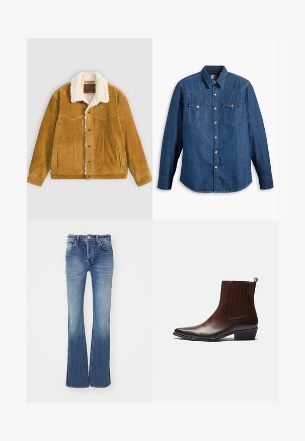 Lichtbruine suède jas met witte sherpa voering en kraag, knoopsluiting aan de voorkant, twee zijzakken en een gestikt decoratief patroon op de borst.; Denim overhemd in donkerblauw met lange mouwen, puntige kraag en drukknoopsluiting. Bevat twee borstzakken met kleppen en contrasterende stiksels.; Verstekte blauwe denim jeans met een gemiddelde wassing, vijf zakken en een knoopsluiting. Bevat een vervaagd textuur en lichte slijtplekken.; Bruine leren enkelboot met een spitse neus, elastische zijpanelen, textuurdetails aan de voorkant en een lage gestapelde hak.