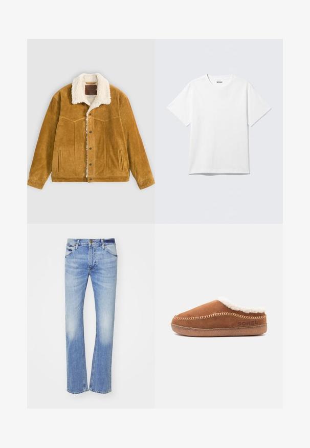 Chaqueta de ante color beige con forro y cuello de sherpa blanco, cierre de botones, dos bolsillos laterales y diseño decorativo cosido en el pecho.; Camiseta blanca de manga corta con cuello redondo, colocada plana, diseño liso, con etiqueta "WEEKDAY" en el interior del cuello sobre un fondo claro.; Jeans de mezclilla azul claro con un diseño de pierna recta, que presentan desgastes en la parte frontal, estilo clásico de cinco bolsillos y una cremallera con un cierre de botón.; Zapatilla marrón de ante, tipo slip-on, con forro de polar blanco y detalles de costura, con el logotipo de Sorel en el lateral.