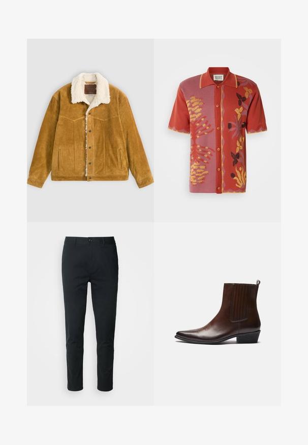 Lichtbruine suède jas met witte sherpa voering en kraag, knoopsluiting aan de voorkant, twee zijzakken en een gestikt decoratief patroon op de borst.; Kort shirt met mouwen in rood- en roze tinten, met bloemenpatronen en accenten in geel en zwart. Voorzijde met knopen en een contrasterende kraag.; Zwarte katoenbroek met een rechte pijp, een knoopsluiting en een gladde textuur zonder zichtbare patronen.; Bruine leren enkelboot met een spitse neus, elastische zijpanelen, textuurdetails aan de voorkant en een lage gestapelde hak.
