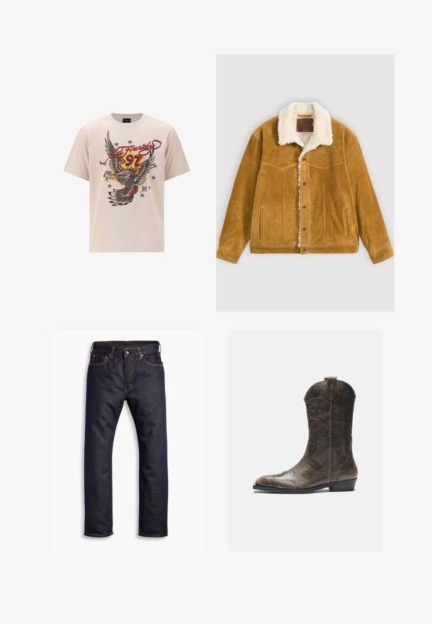 Hellbraune Wildlederjacke mit weißem Sherpa-Futter und Kragen, Knopfleiste vorne, zwei Seitentaschen und gesticktem dekorativem Muster auf der Brust.; Beige Baumwoll-T-Shirt mit einem großen Adler-Graphic, roten und gelben Akzenten, "Ed Hardy"-Schriftzug und Sternen in einem strukturierten Druckdesign.; Dunkelblaue gerade geschnittene Jeans aus Denim mit fünf Taschen und orangefarbenen Kontrastnähten, flach auf einem weißen Hintergrund ausgelegt.; Braune Leder-Cowboystiefel mit hohem Schaft, spitzem Zehenbereich, aufwendigen Stickmustern und kleinem Absatz. Strukturierte Oberflächenbeschaffenheit.