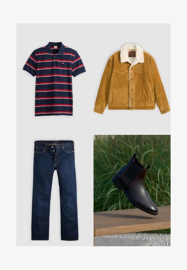 Hellbraune Wildlederjacke mit weißem Sherpa-Futter und Kragen, Knopfleiste vorne, zwei Seitentaschen und gesticktem dekorativem Muster auf der Brust.; Navyblaues Poloshirt mit rot-weißen horizontalen Streifen, drei Knöpfen am Kragen und kleinem Levi's-Logo auf der Brust. Aus weichem Baumwollmaterial.; Dunkelblaue Jeans aus Denim mit geradem Bein, fünf Taschen und goldenen Nähten. Verfügt über einen Knopfverschluss und Kupfernieten. Glatte Textur.; Schwarze Leder Chelsea-Boots mit strukturiertem Finish, elastischen seitlichen Einsätzen und Schlaufe. Robuste Sohle und elegantes, spitz zulaufendes Design.